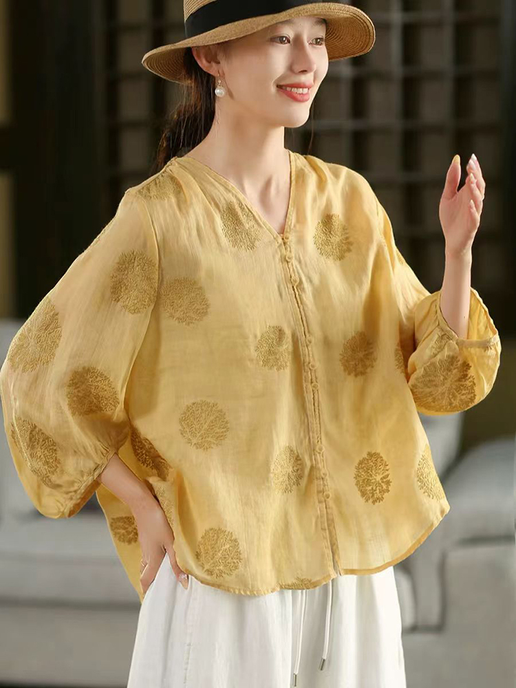 Embroidery Jersey - 100% Ramie Women Casual Shirt New