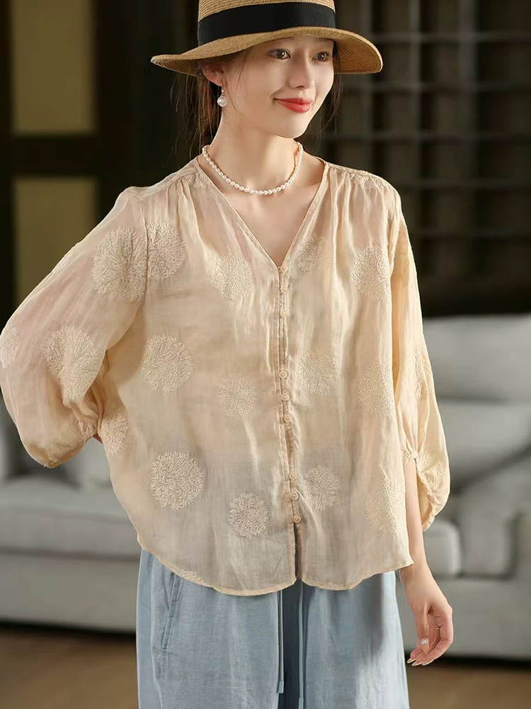 100% Ramie Women Casual Shirt  - Embroidery Jersey 评论和价格