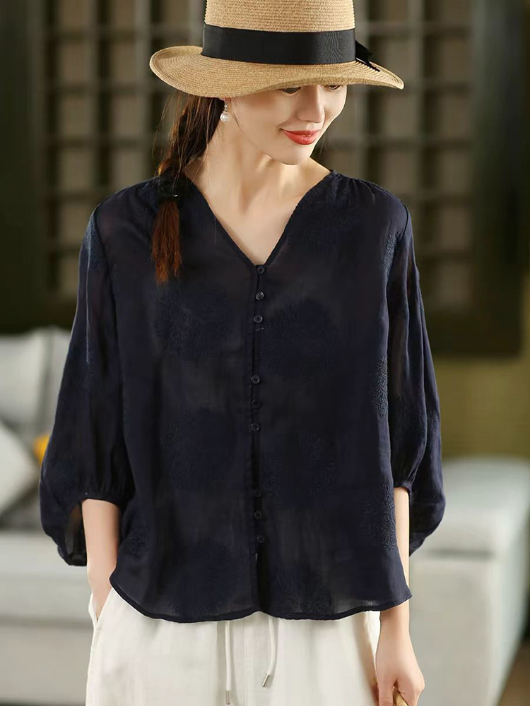 100% Ramie Women Casual Shirt  - Embroidery Jersey 评论和价格