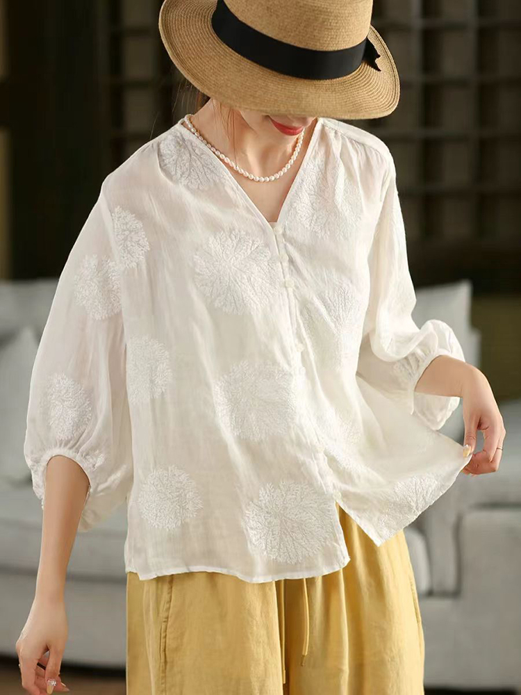 100% Ramie Women Casual Shirt  - Embroidery Jersey 评论和价格