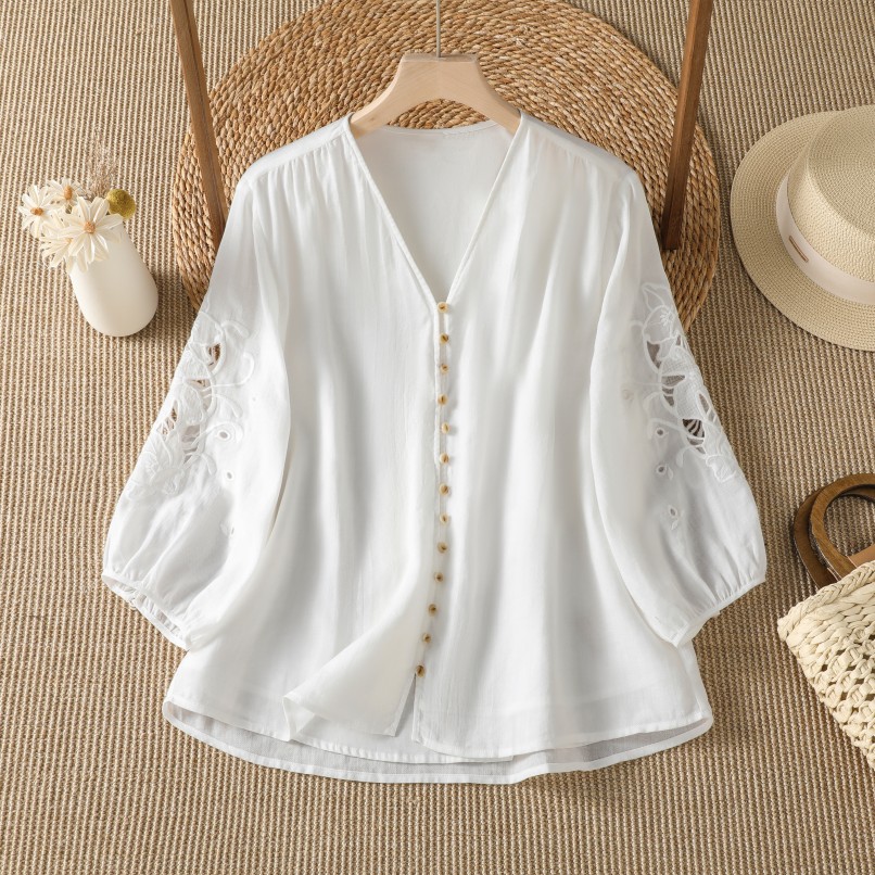 Design Casual Cotton Linen Hol - Embroidery Cotton Shirt 评论和价格